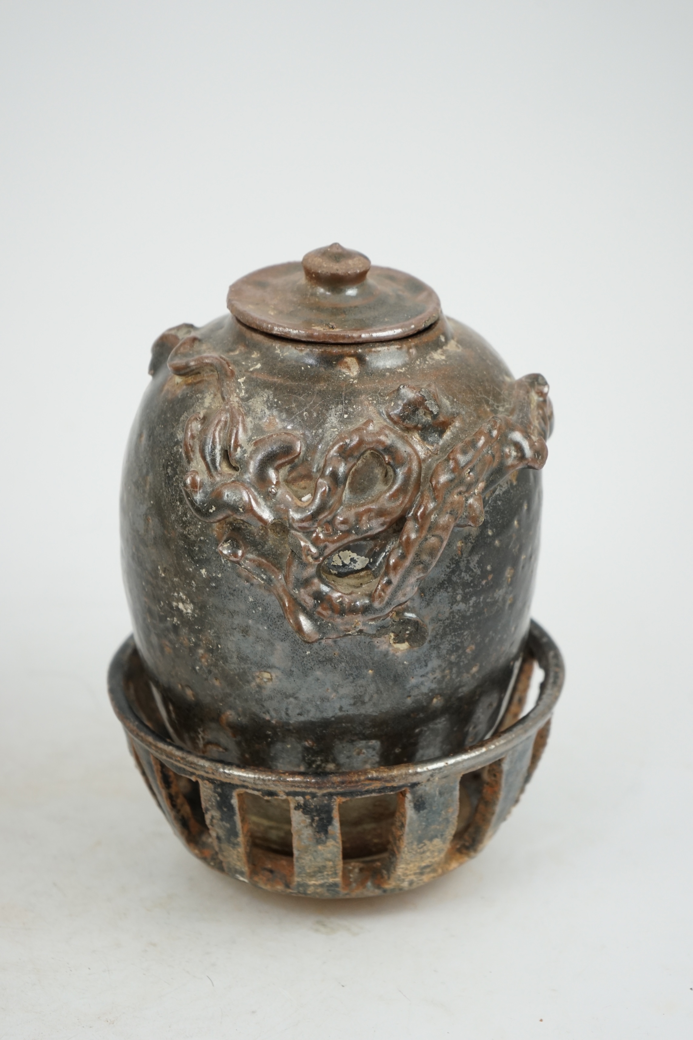 A Chinese Song Dynasty stoneware jar with rare stand and cover, Song Dynasty (AD 960-1279)